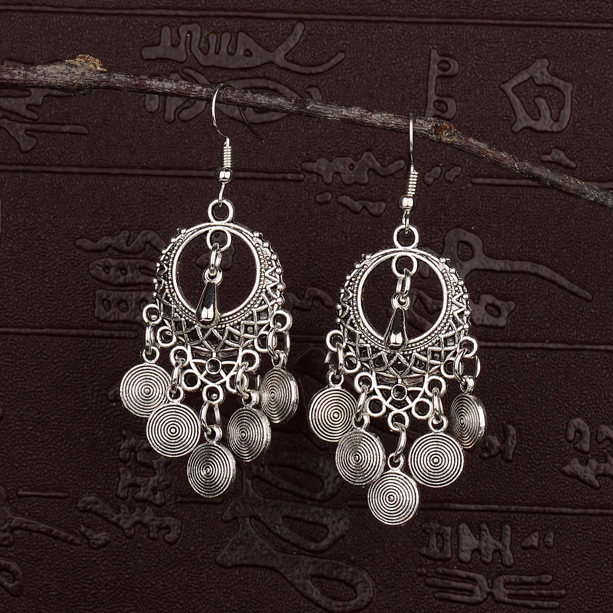 2023 Ethnic Indian Women's Round Hollow Silver Color Drop Earrings Leaf Tassel Boho Tribal Jewelry India Jhumki