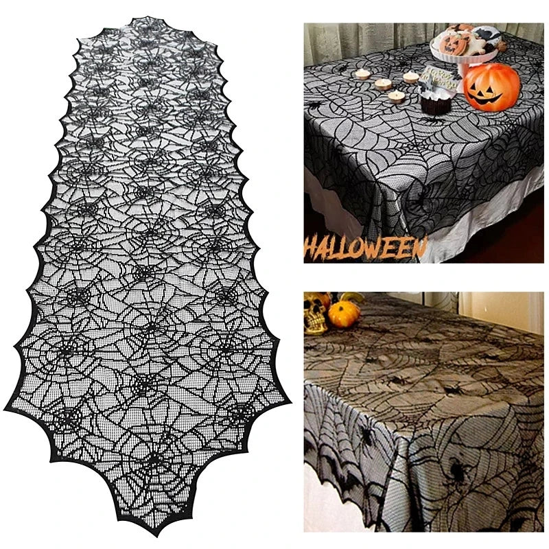 Halloween Bat Table Runner Black Spider Web Lace Tablecloth Fireplace Curtain for Halloween Party Home Decoration Horror Props - Charlie Dolly