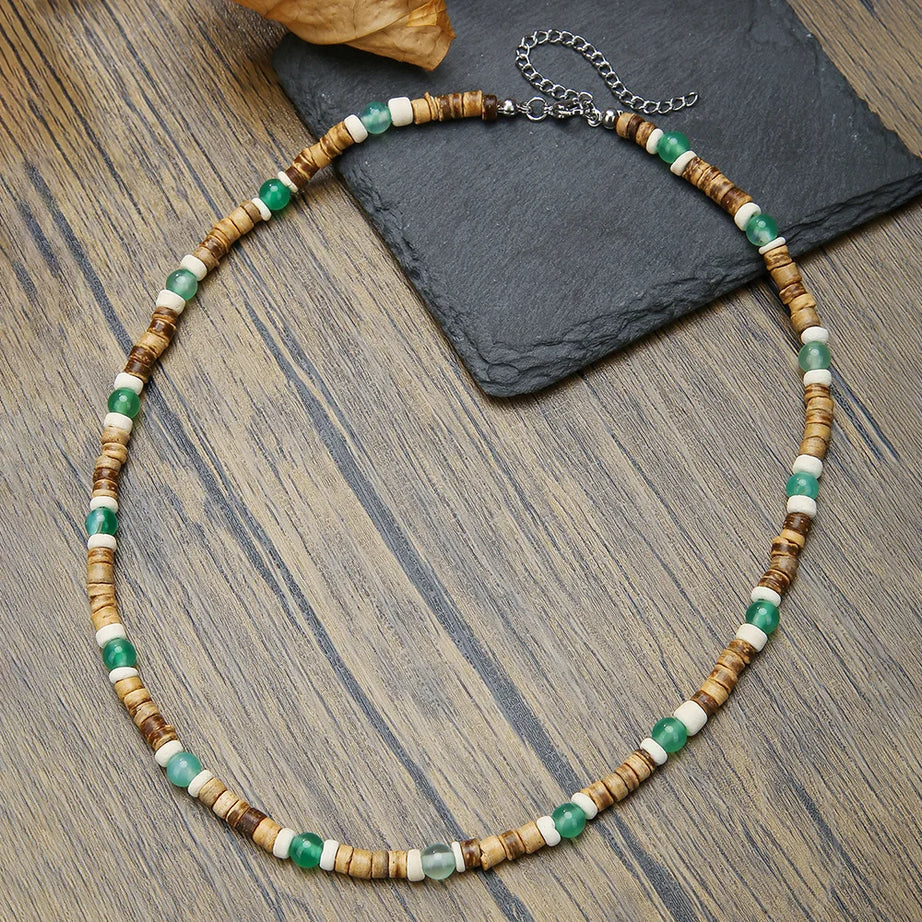 Coconut Shell, Turquoise and Wood Bead Boho Necklace for Men