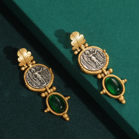 Vintage Emerald Green Stone Dangle Earrings, Antique Gold Coin Boho Jewelry