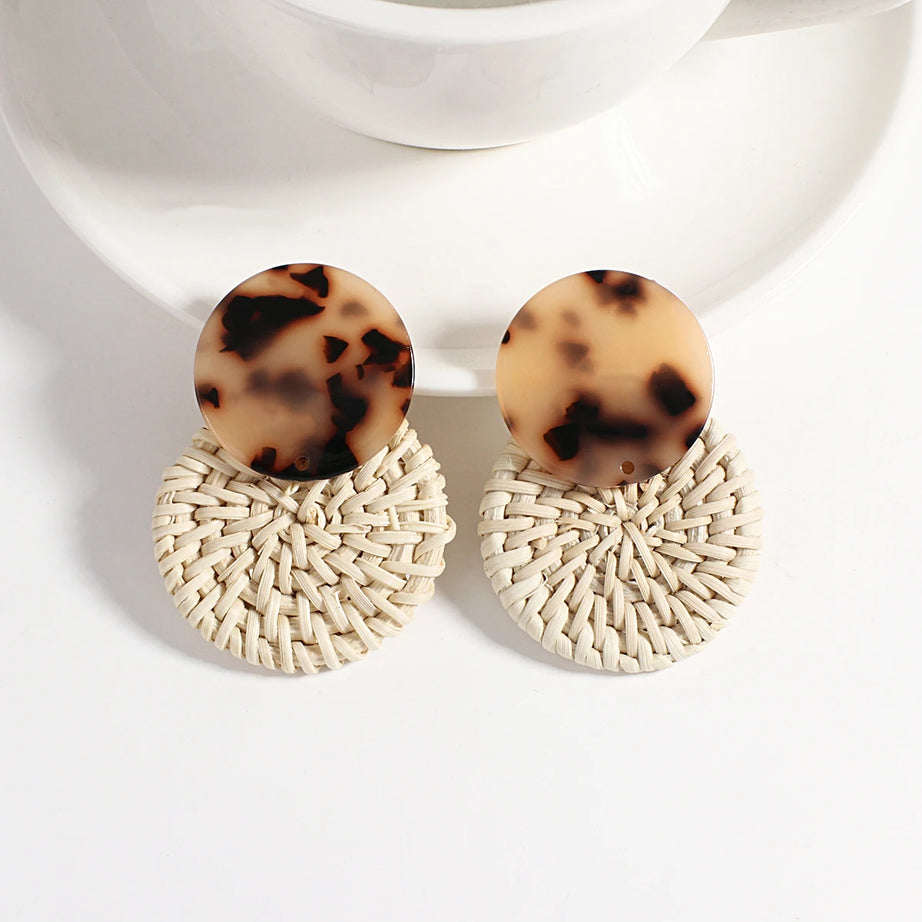 Wooden Rattan Braid Geometric Drop Earrings Jewelry