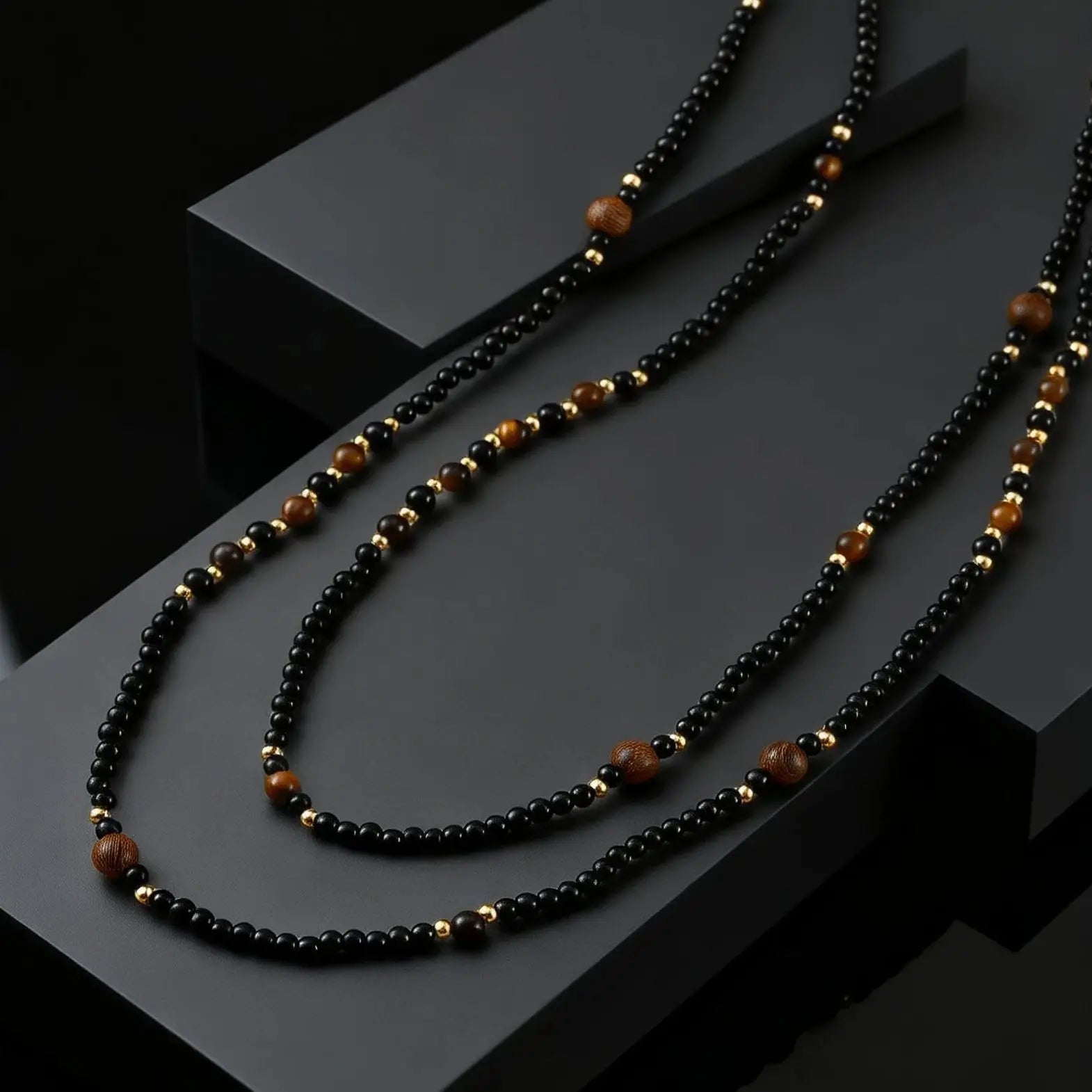 Black Agate Natural Stone Tiger Eye Beads Chain Necklace for Men, Retro Long Sweater Chain Necklace, Fashion Boho Jewelry Gift