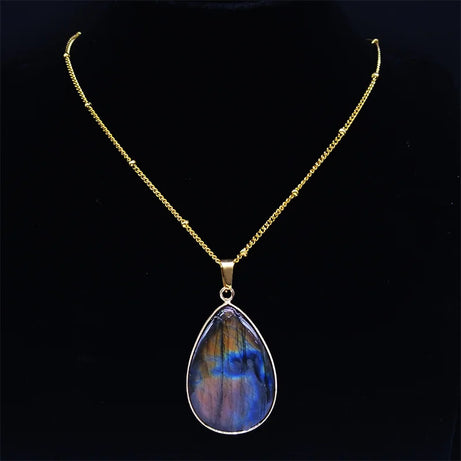 Boho Blue Labradorite Palm Necklace Water Drop Natural Healing Gem Stones Pendant Necklaces Reiki Moonstone Energy Jewelry NHH31 - Charlie Dolly