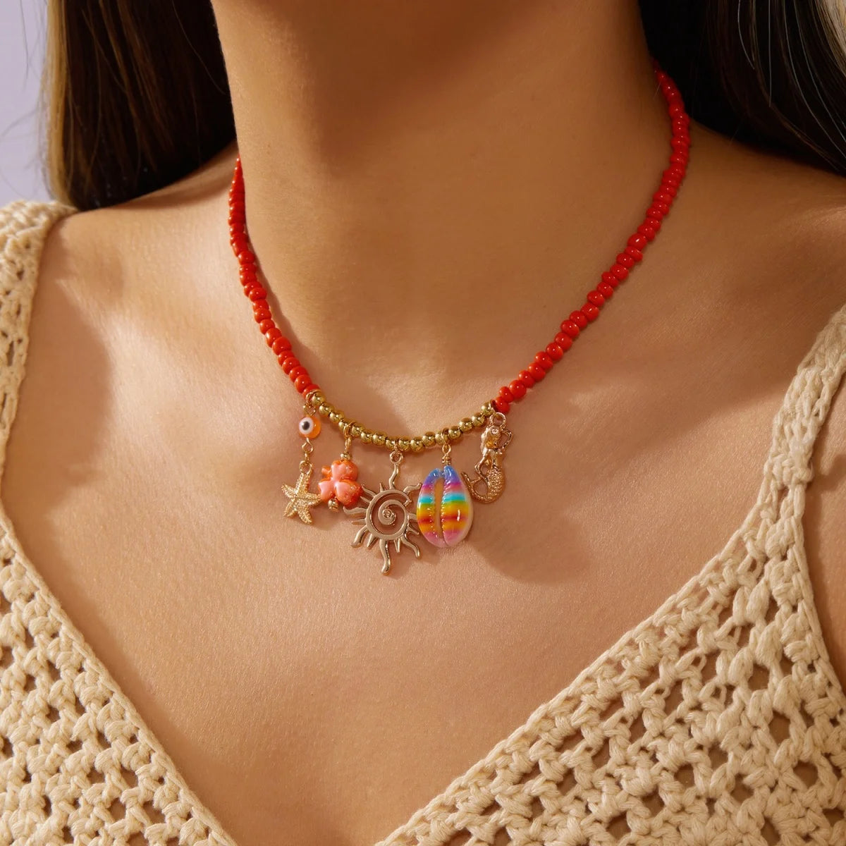 Summer Rice Beads Resin Coral Shell Pendant Necklace For Women Men Boho Summer Conch Choker Vacation Party Fashion Jewelry Gifts