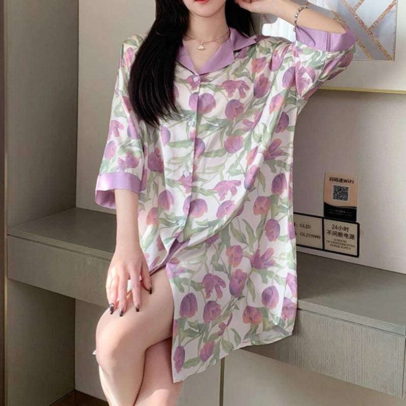 Women Sexy Leopard Print Nightgown Lapel Short Sleeve Satin Silk Cardigan Nightdress Hot Nighty Summer Nightgowns Mini Pajamas - Charlie Dolly