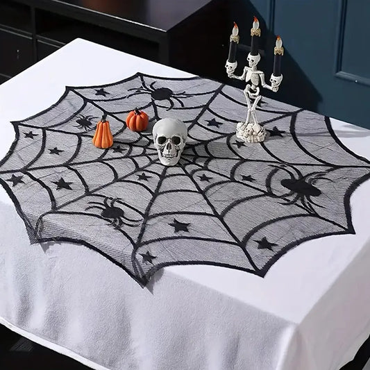 Halloween Black Lace Placemat Happy Halloween Party Decorations 2024 For Home Spider Web Tablecloth Kitchen Dining Table Covers