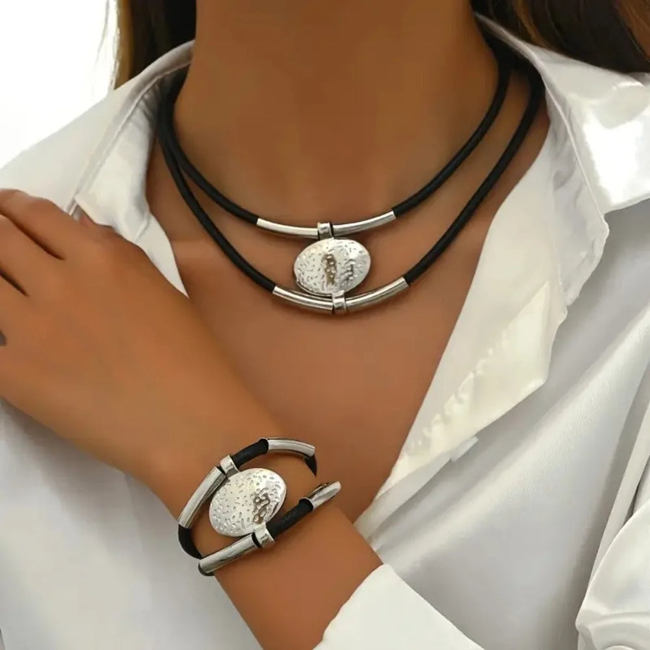 Leather Rope Oval Pendant Necklace Bracelet Set Jewelry