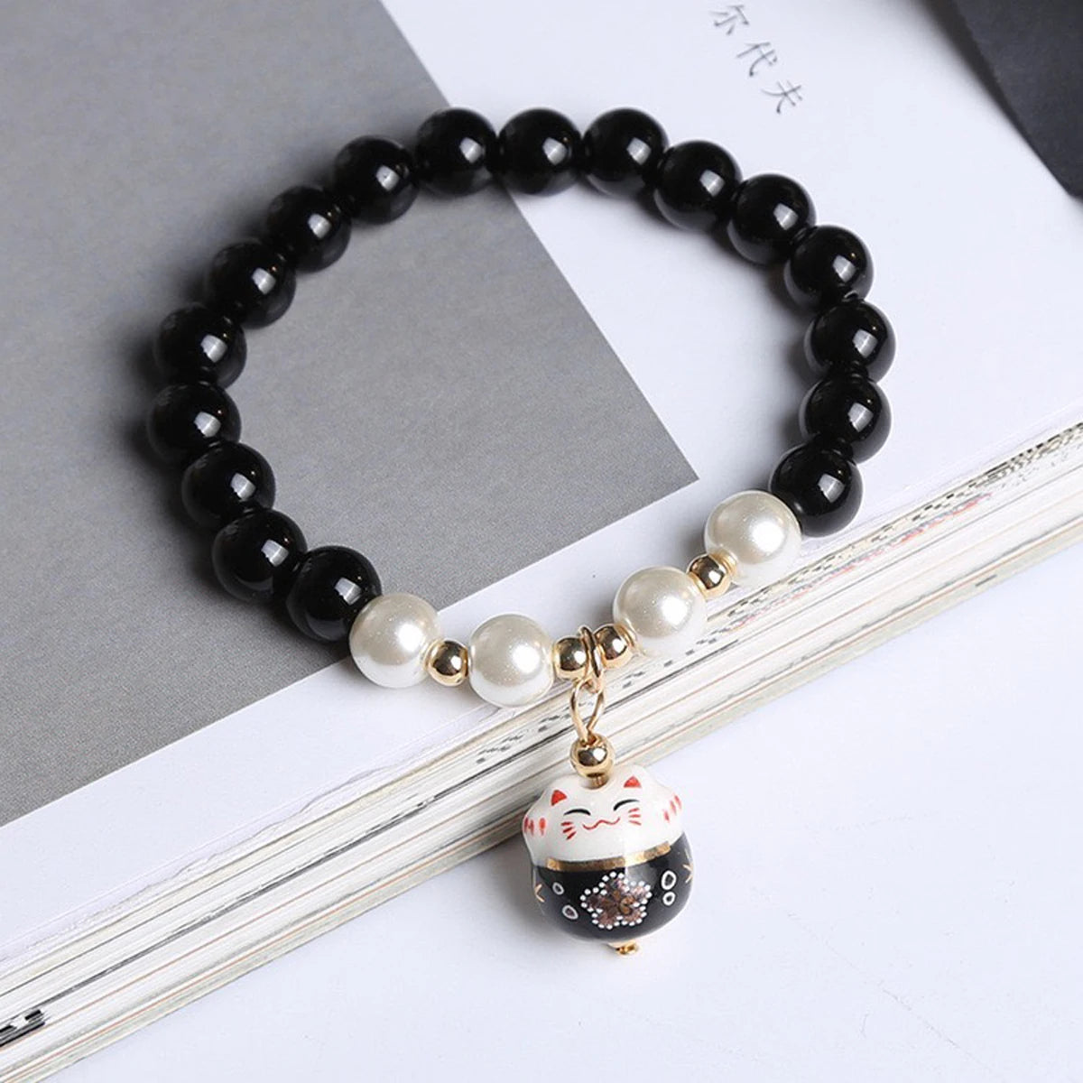 Boho Fortune Cat Charms Bracelet for Women 8mm Round Natural Stone 18cm Stretch Wire Couple Bracelet Jewelry Accessories Gifts