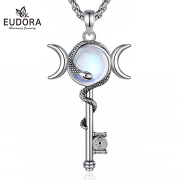 Eudora Hecate Key Moonstone Necklace Triple Moon Goddess Snake Pendant Healing Crystal Spiritual Jewelry Gift for Women Men