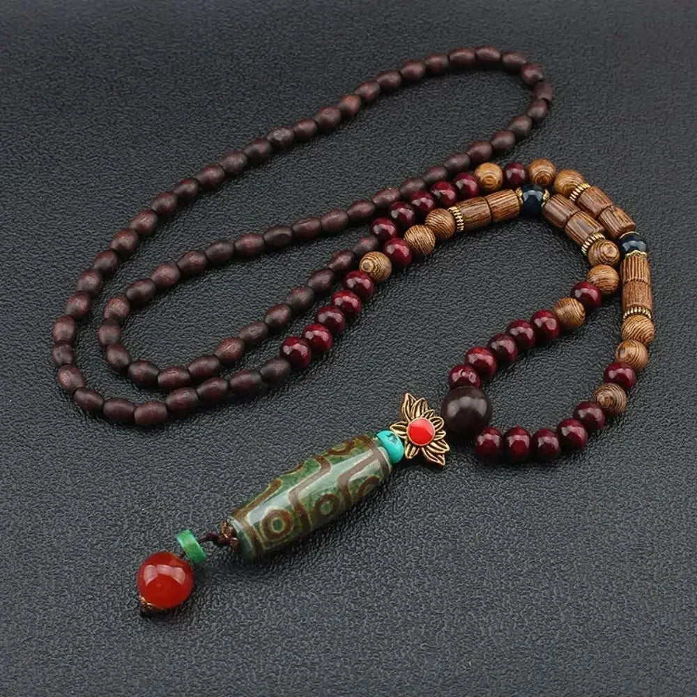 Nepal Wood Bead Mala Pendant Necklace Jewelry