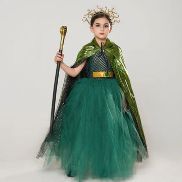 Green Medusa Girls Costume With Headpiece For Kids Cosplay Halloween Medusa Dresses Greek Roman Kids Fancy Gown Tutu Dress 2024