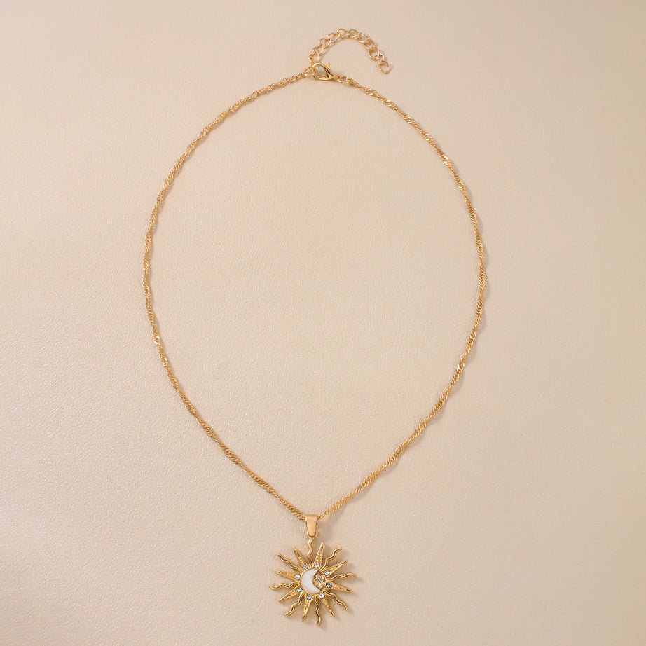 Sun Moon & Star Three-in-One Rhinestone Pendant Necklace, Vintage Celestial Talisman