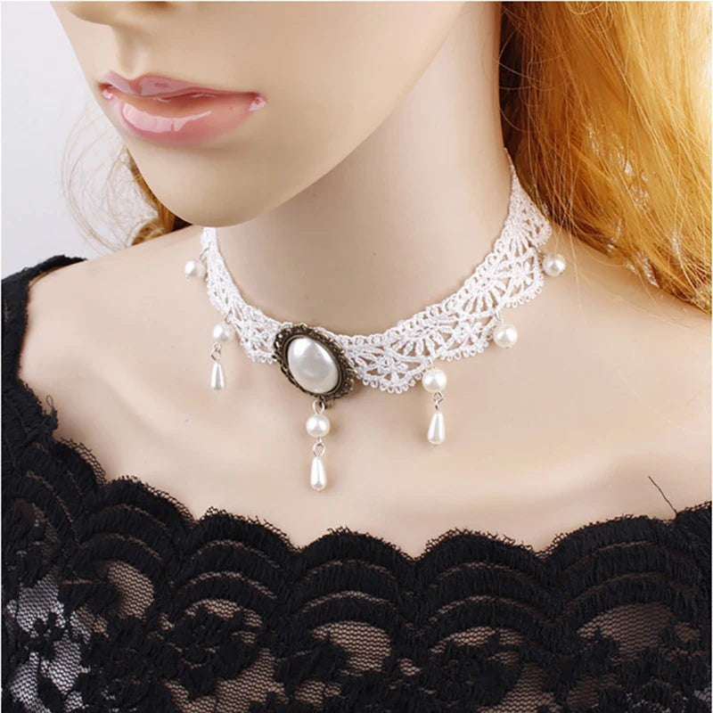 Halloween Choker Necklace for Women Rhinestone Pendant Lace Gothic Necklace for Steampunk Royal Court Vampire Costume Jewelry - Charlie Dolly