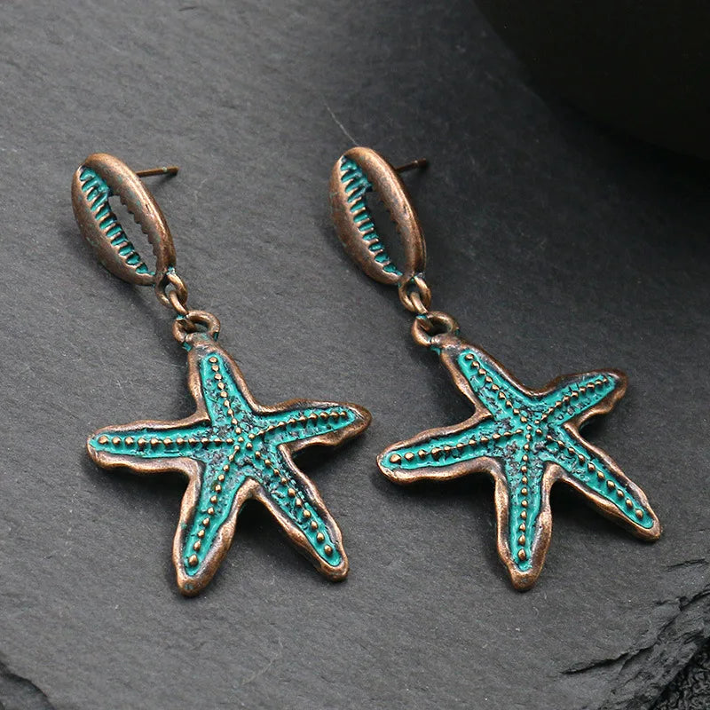 Vintage Earrings Starfish Shell Dangle Drop Earrings For Women Boho Statement Jewelry Anti-Copper Brass Alloy Earrings Brincos