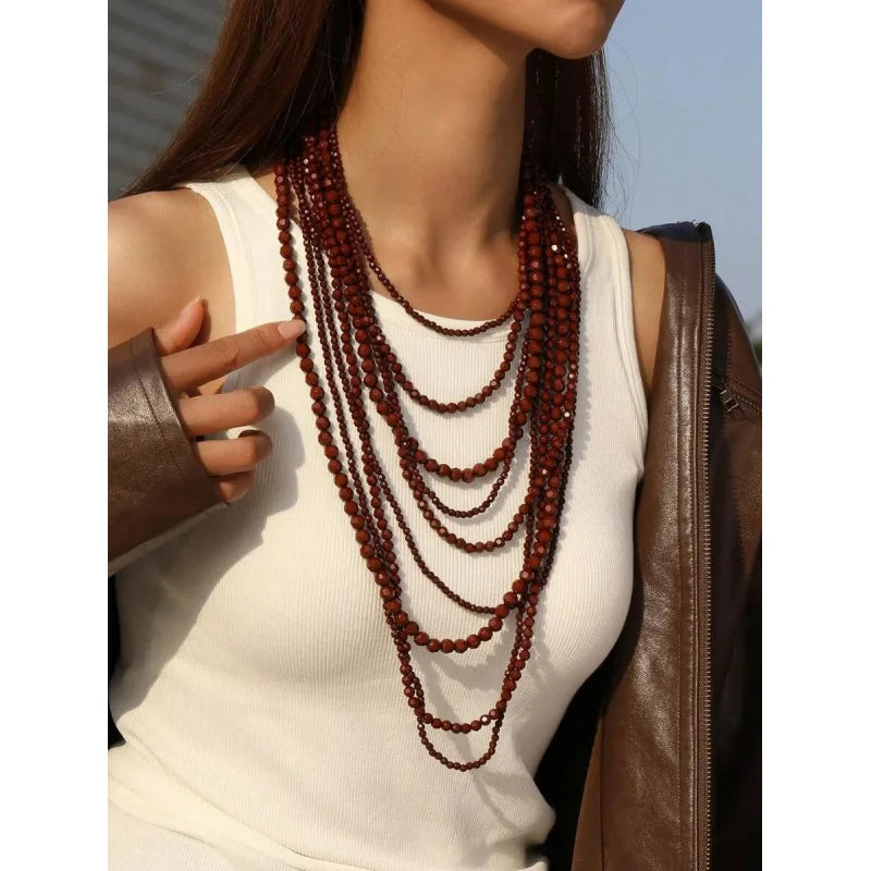 Acrylic Bead Layered Long Necklace Set Jewelry