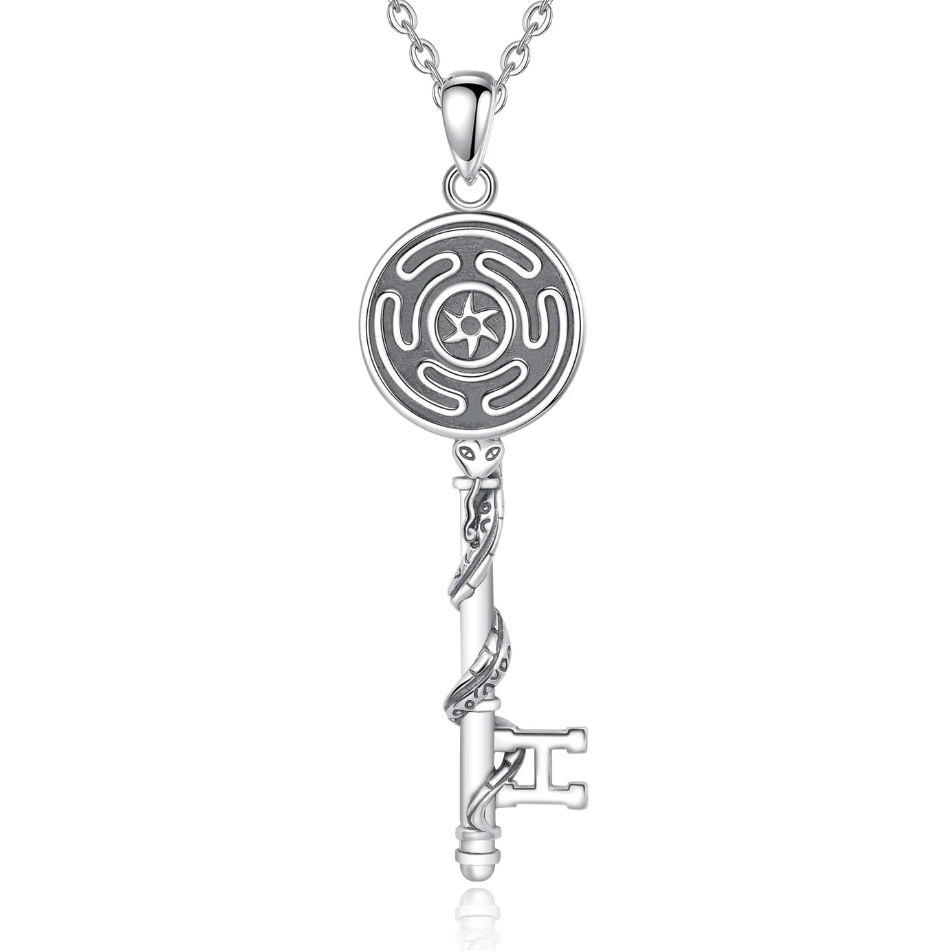 S925 Sterling Silver Hecate Wheel, Snake & Key Pendant Necklace, Triple Goddess Witch Pagan Amulet