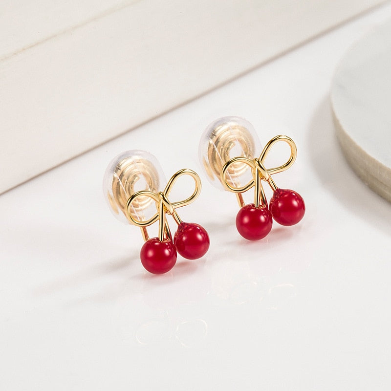 CIAXY Silver Color Cute Simulation Red Cherry Earrings for Women Girl Student Fruit 1Pair Earring Gift aretes de mujer - Charlie Dolly