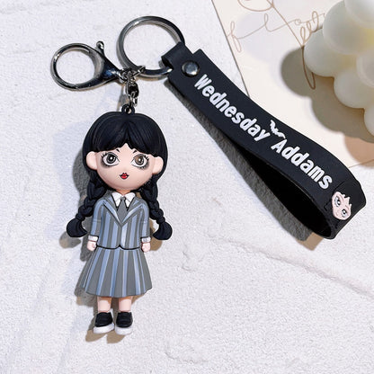 Trend Movie Addams 3d Keychain Wednesday Addams Pendant Keyrings Cartoon Figure Keyholder Backpack Car Key Keychains Accessories