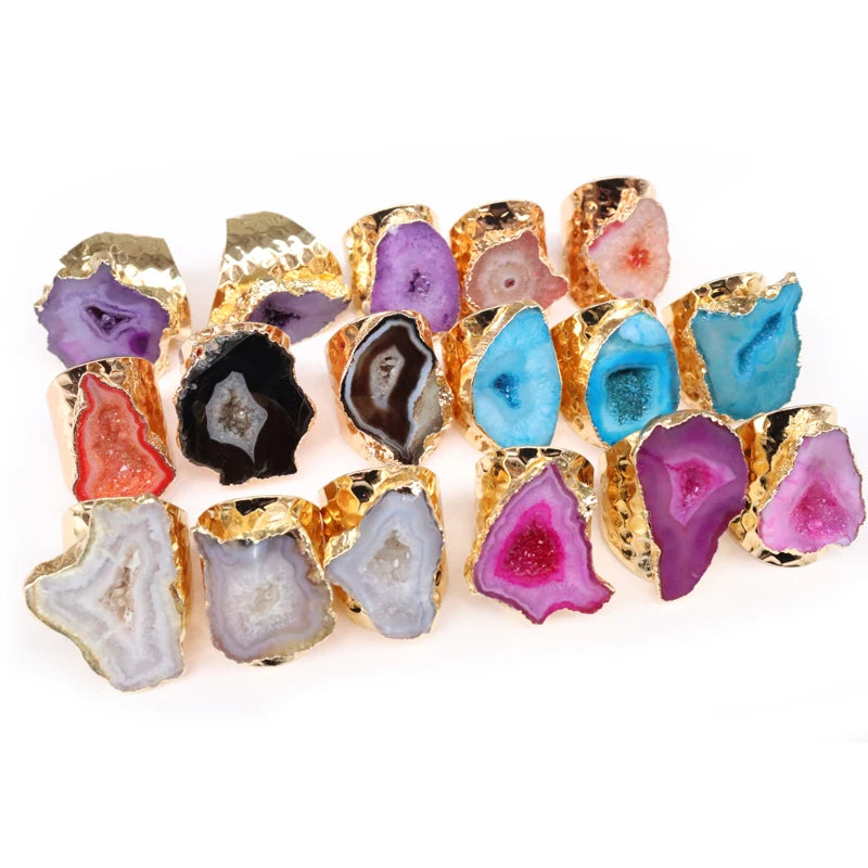 Irregular Natural Geode Stone Rings Agate Slices Wide Open Ring for Women Men Boho Resizable Finger Jewelry