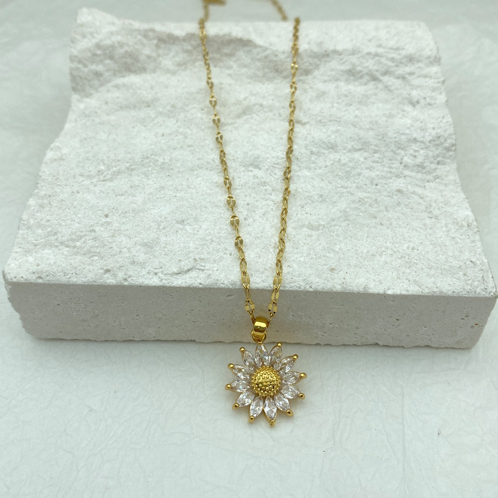 Gold Plated Sunflower Necklace for Women Jewelry Titanium Steel Zircon Big Pendant Necklace Luxury Choker Korea Style Wholesale - Charlie Dolly