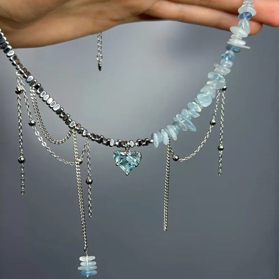 Purple Stone Zircon Heart Tassel Necklace Jewelry