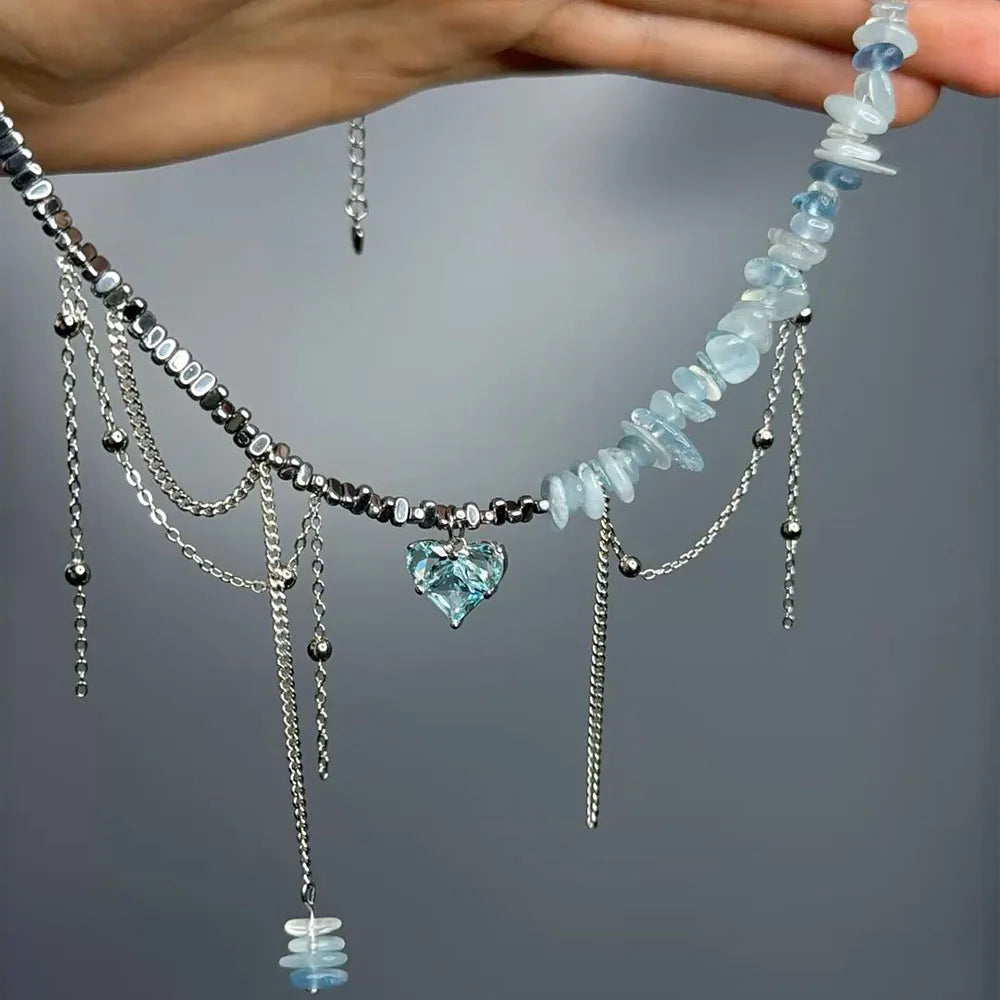 Purple Stone Zircon Heart Tassel Necklace Jewelry