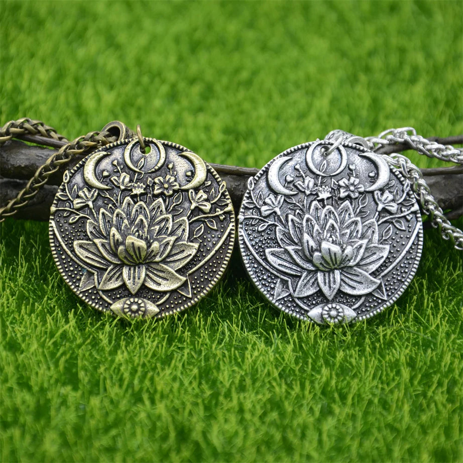 Wiccan Sun Moon Star Mandala Lotus Amulet Necklace, Sacred Witchy Talisman