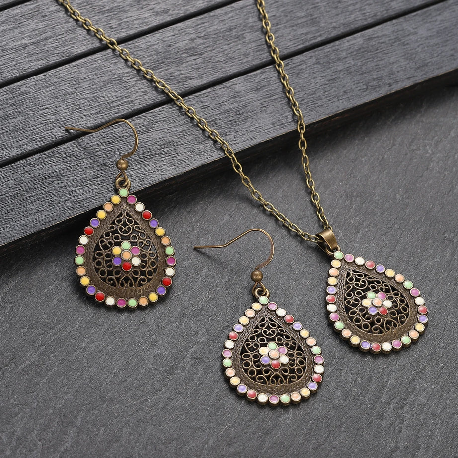 Colorful Bead Flower Necklace Earring Set Jewelry