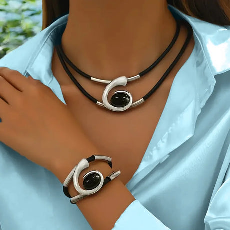 Spiral Gemstone Leather Necklace Bracelet Set Jewelry