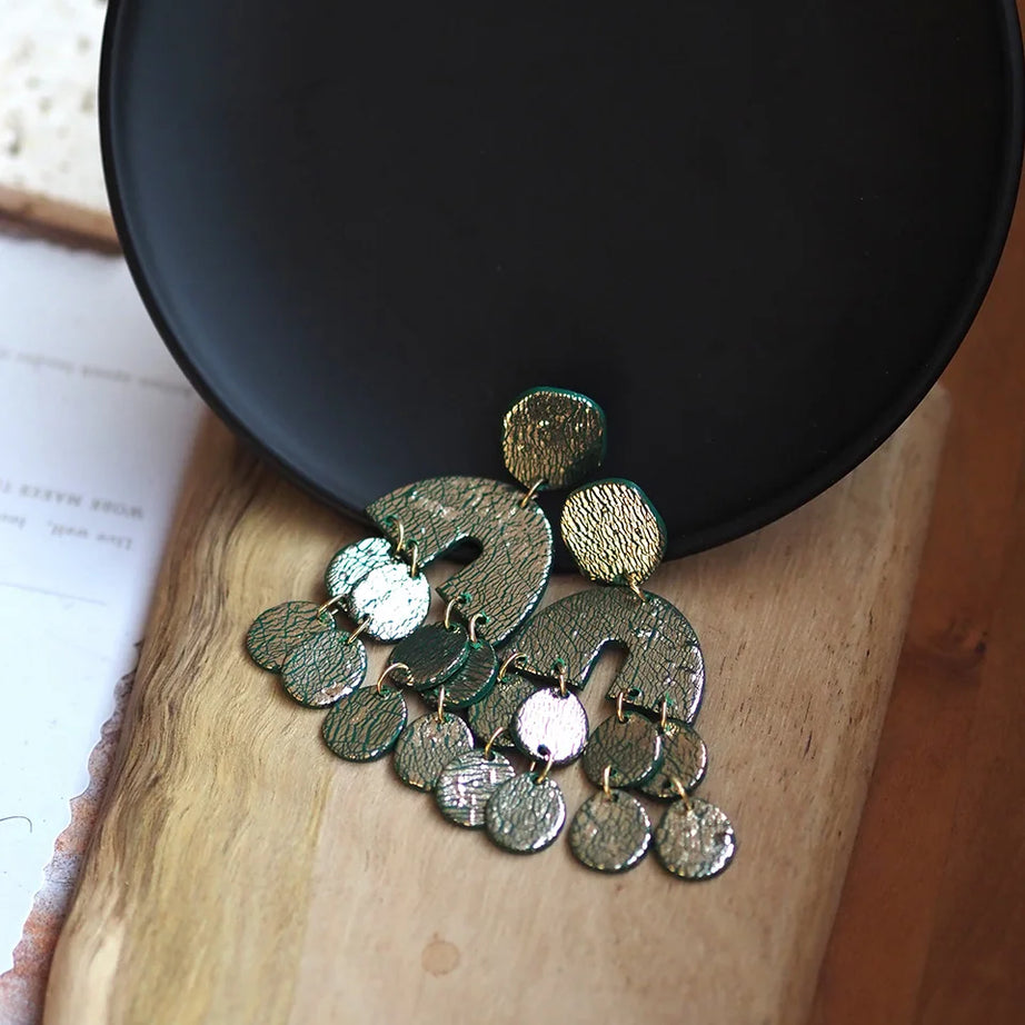 Metallic Clay Arch Fringe Statement Earrings Jewelry