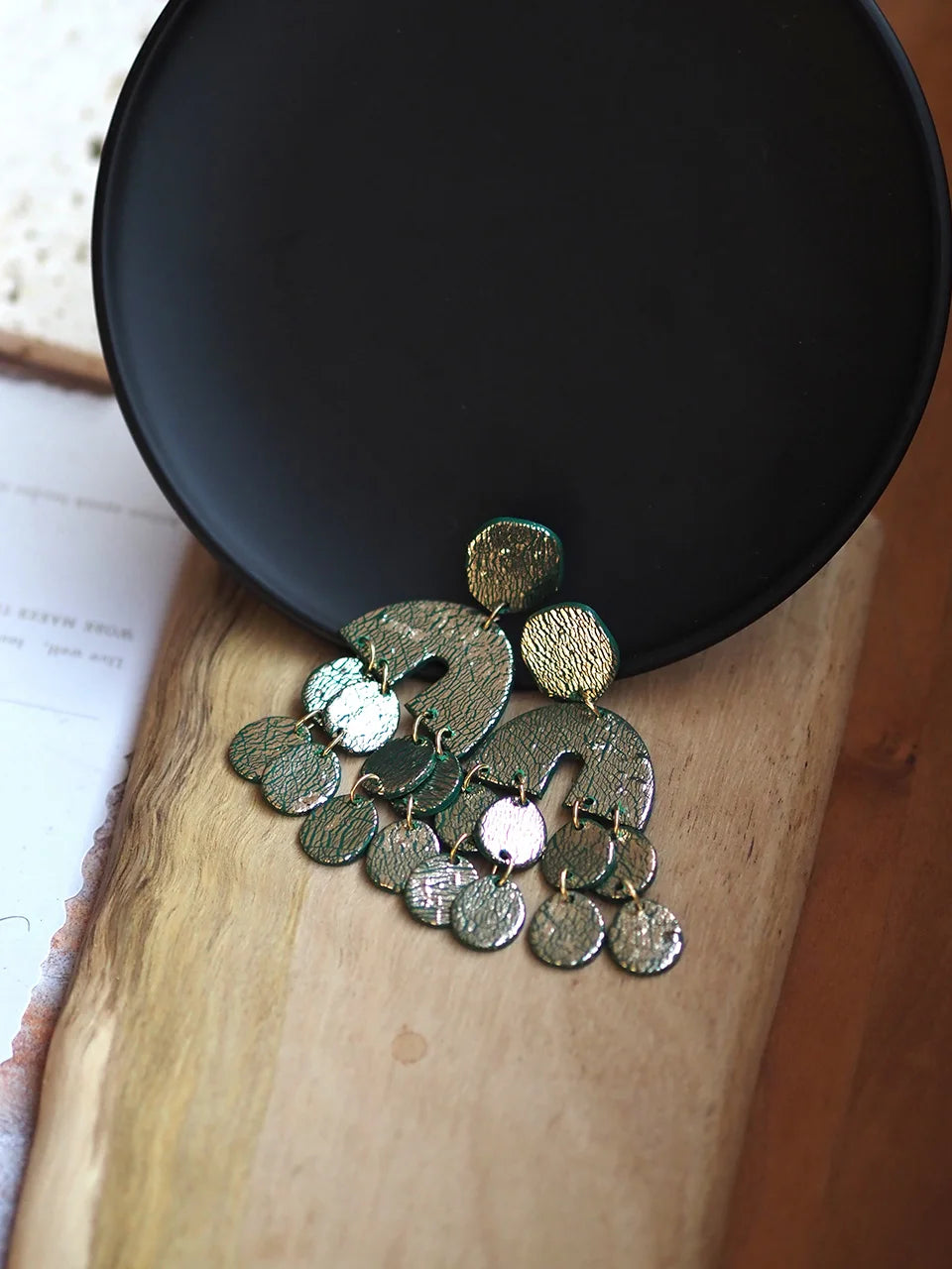 Boho Chic Metalic Textured Polymer Clay Statement Earrings Large Geometric Arch Drop with Round Fringe Aesthetic Jewelry Summer