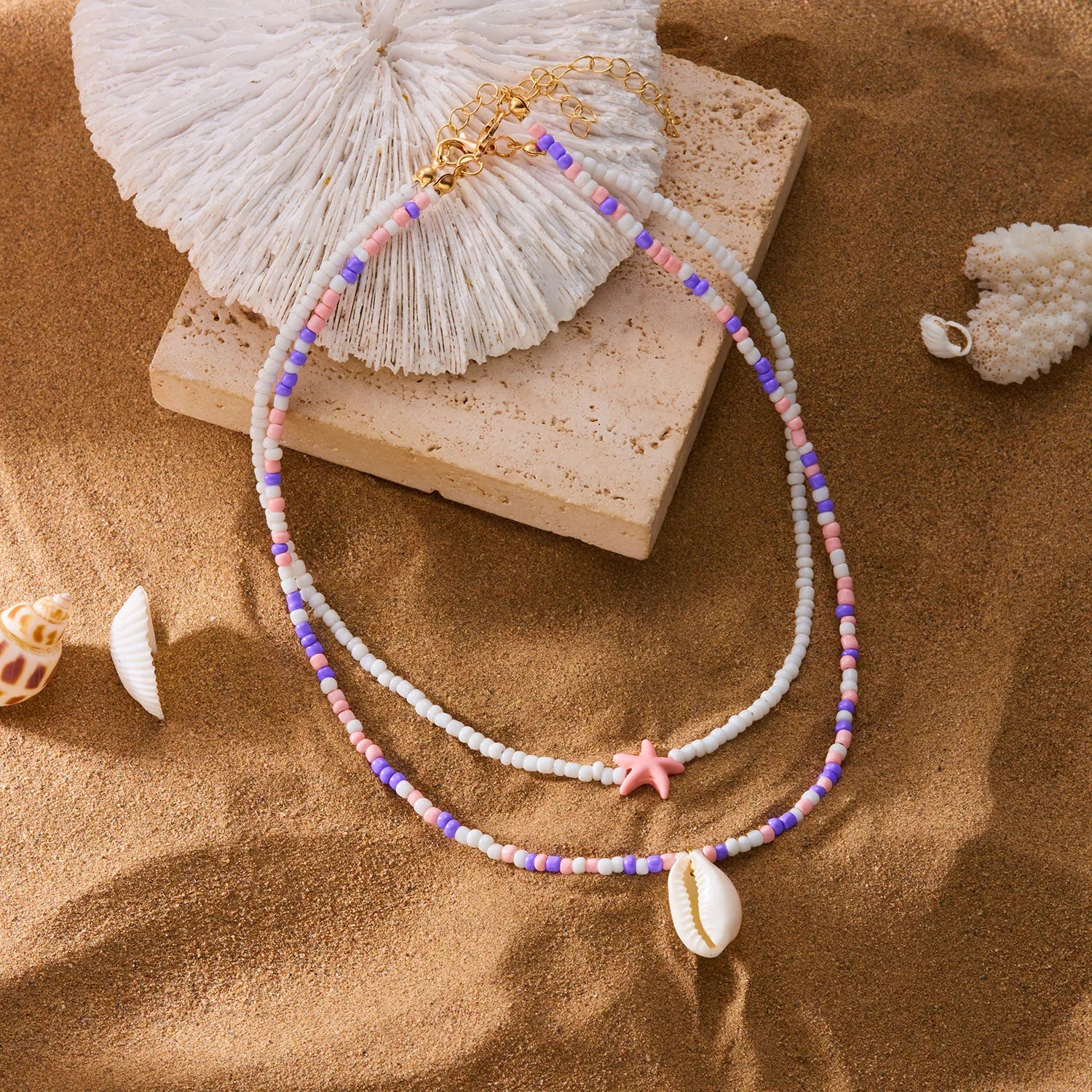 Boho Double Layer Beaded Starfish Shell Turtle Pendant Necklace Women Colorful Beads Clavicle Chain Choker Beach Party Jewelry