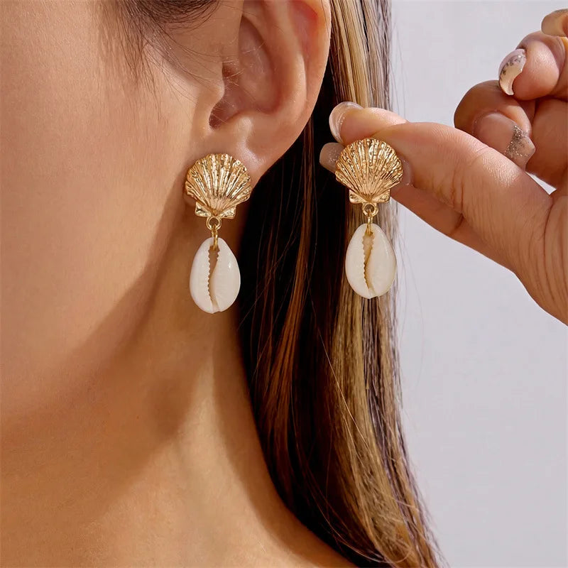 Boho Ocean Style Starfish Shell Pendant Earrings for Women Summer Seaside Conch Scallop Pearl Earring Summer Beach Charm Jewelry