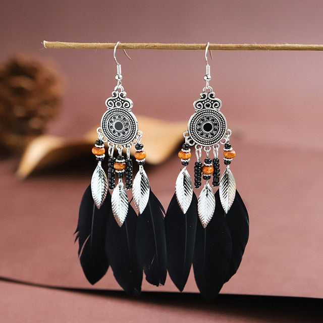 Fashion Earrings Bohemian Ethnic Style Leaf Earrings Jewelry Retro Long Tassel Colorful Feather Earrings Jewelry Gift - Charlie Dolly