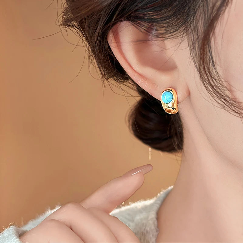 2025 New Design Natural Turquoise Metal Copper alloy Curved Earrings For Women's Casual and Elegant Jewelry Fashion Accessories