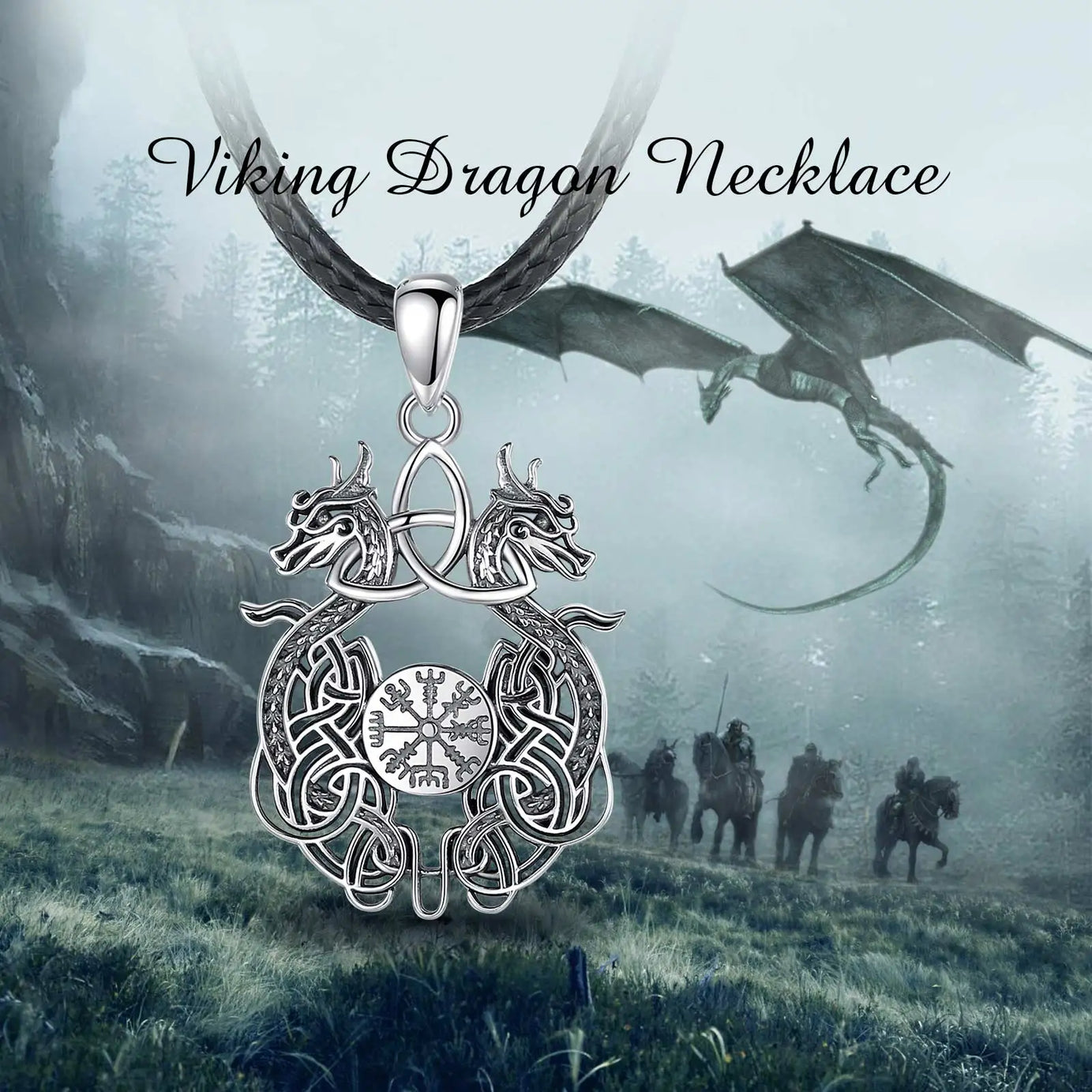 Sterling Silver 925 Viking Dragon Celtic Knot Compass Necklace, Norse Amulet