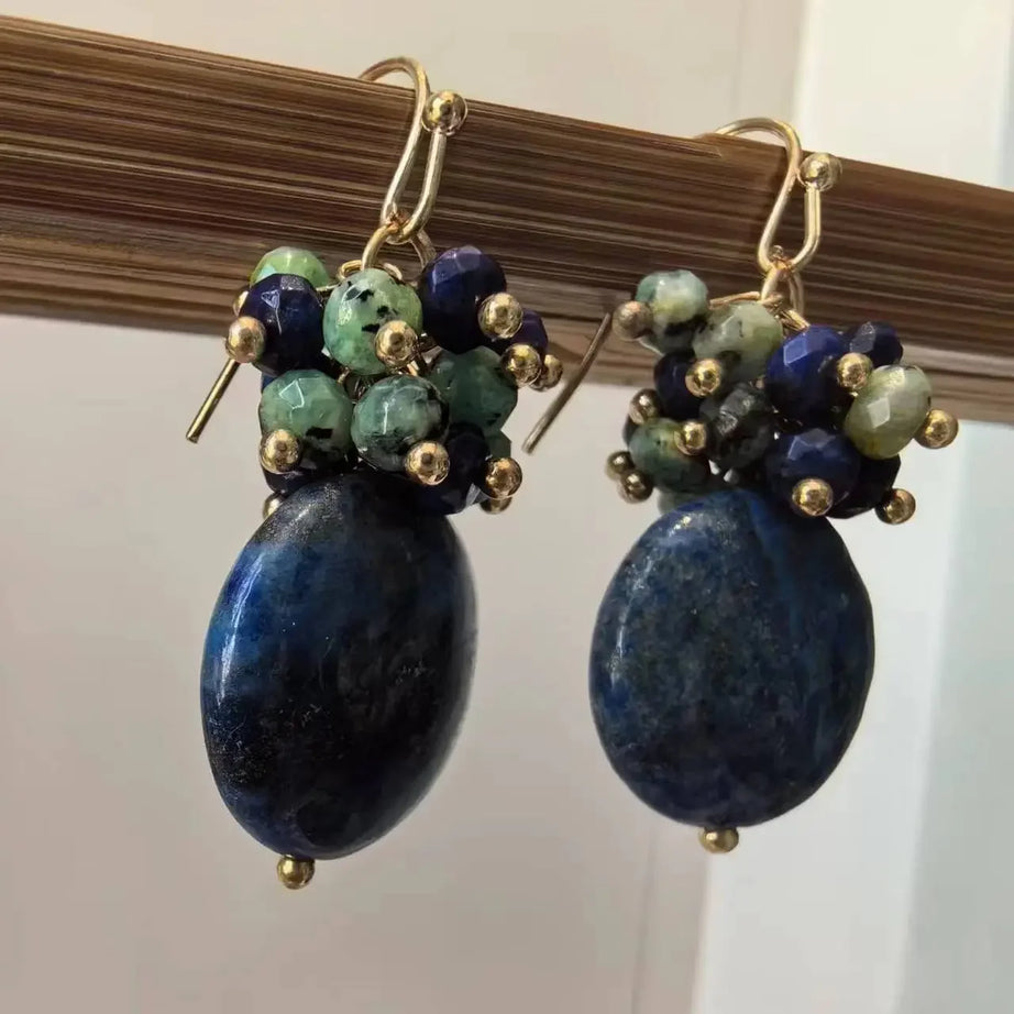 Lapis Lazuli & Turquoise Gemstone Earrings - Elegant Vintage-Inspired, Denim Navy Blue with Golden Accents - Charlie Dolly