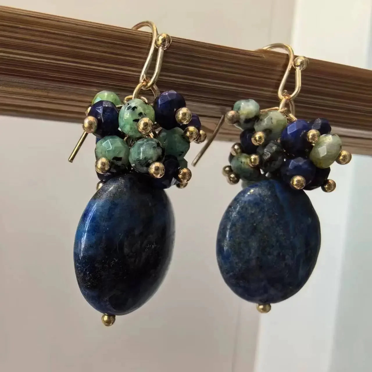 Lapis Lazuli & Turquoise Gemstone Earrings - Elegant Vintage-Inspired, Denim Navy Blue with Golden Accents