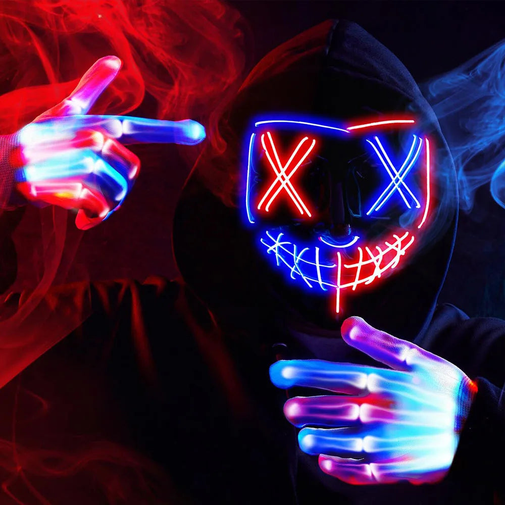 Halloween Mask Skeleton Gloves Set Light Up Scary LED Mask with Glow Anonymous Carnival Costumes glow purge Masks for Boys Girl - Charlie Dolly