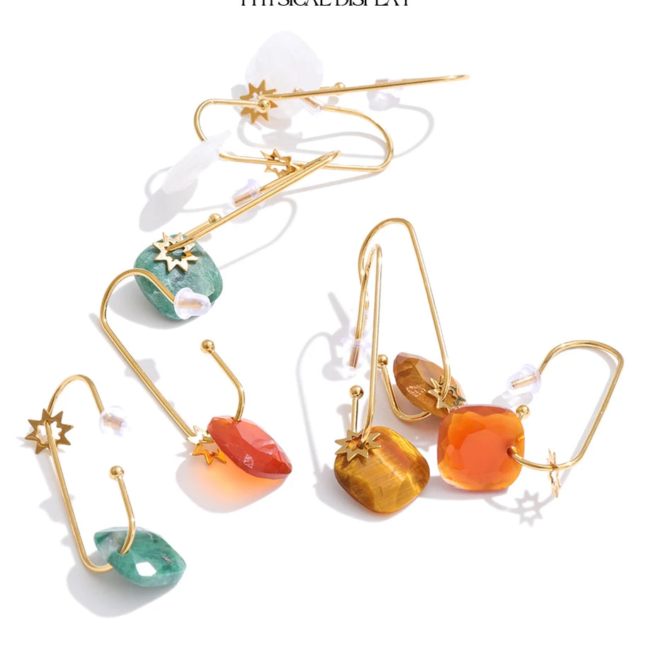Natural Stone Square Drop Earrings, Tiger Eye Agate 14K Gold Waterproof Stainless Steel Jewelry