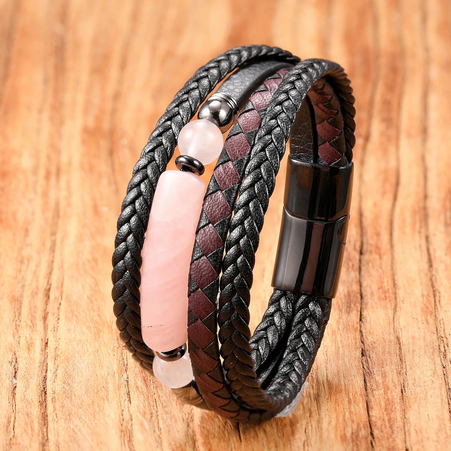 Natural Stone Beads Multi-Layer Braided Leather Bracelet Wrap Boho Hippie Handmade Gift for Man Women Jewelry Accessory