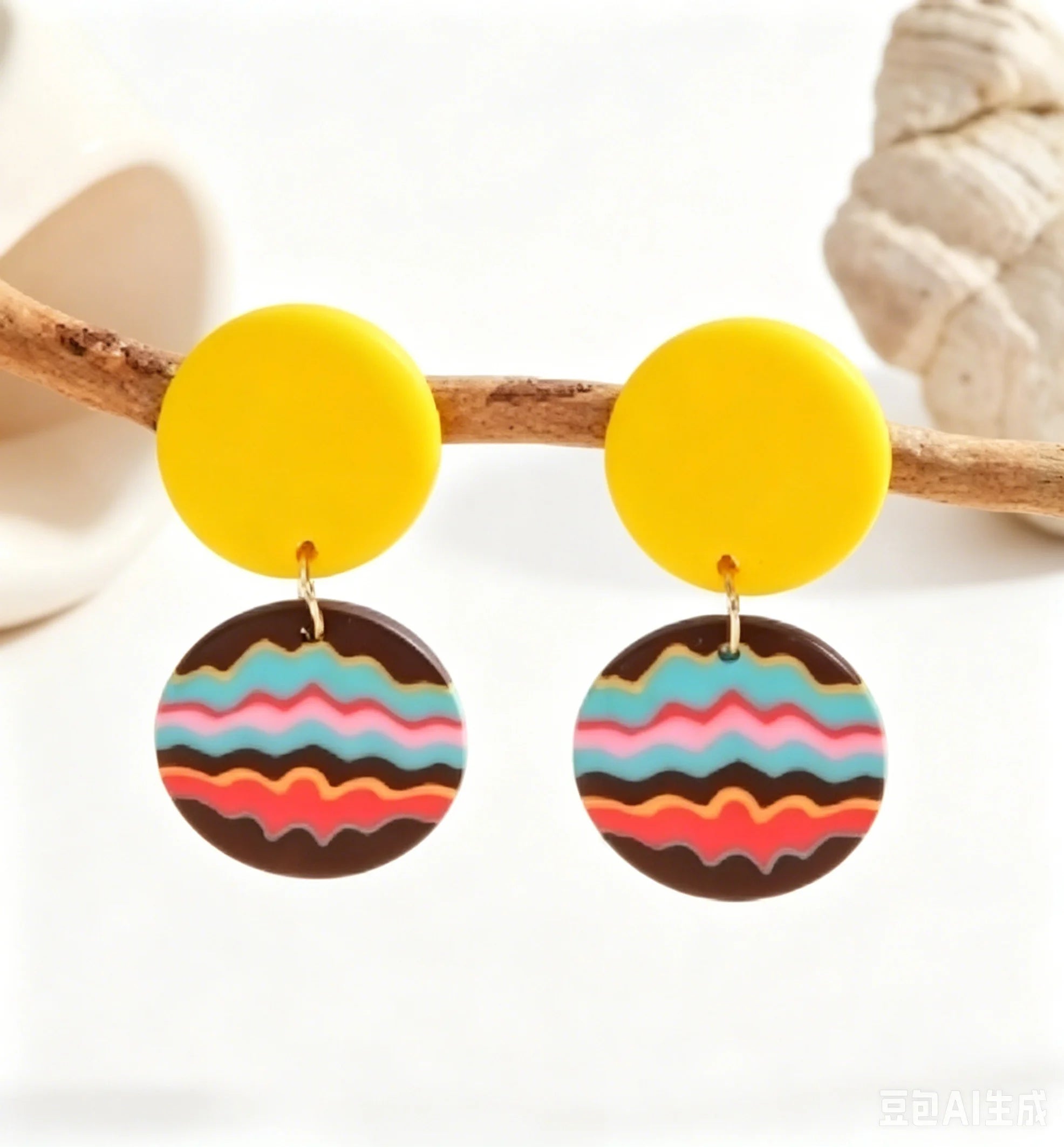 Boho Dangle Earrings Lightweight Polymer Clay Women's Black White Stripe round Confetti Donut Square Rainbow Wave Yellow