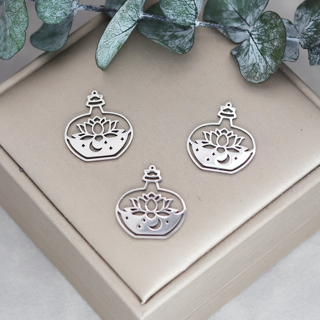 3pcs Exquiaite Amulet Moon Lotus Flower Charms DIY Craft Earrings Necklace Jewelry Making Yogo Buddhism Stainless Steel Pendant