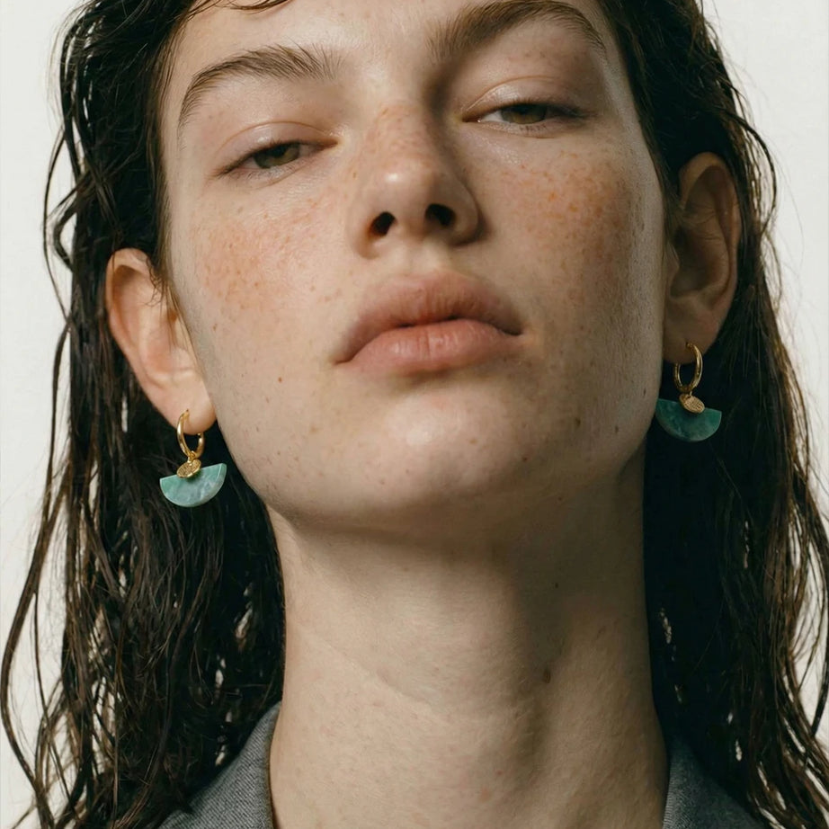 Natural Stone Fan Drop Hoop Earrings, Tiger Eye Agate French Stainless Steel Jewelry