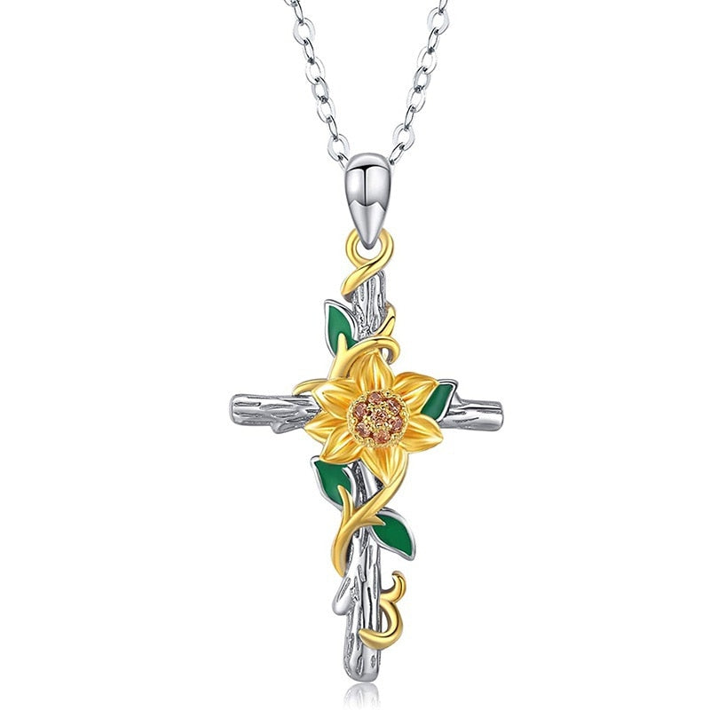 Ladies Exquisite Sunflower Cross Necklace Pendant Adjustable Exquisite Cross Pendant Jewelry Birthday Gift for Mom Girl Wife - Charlie Dolly