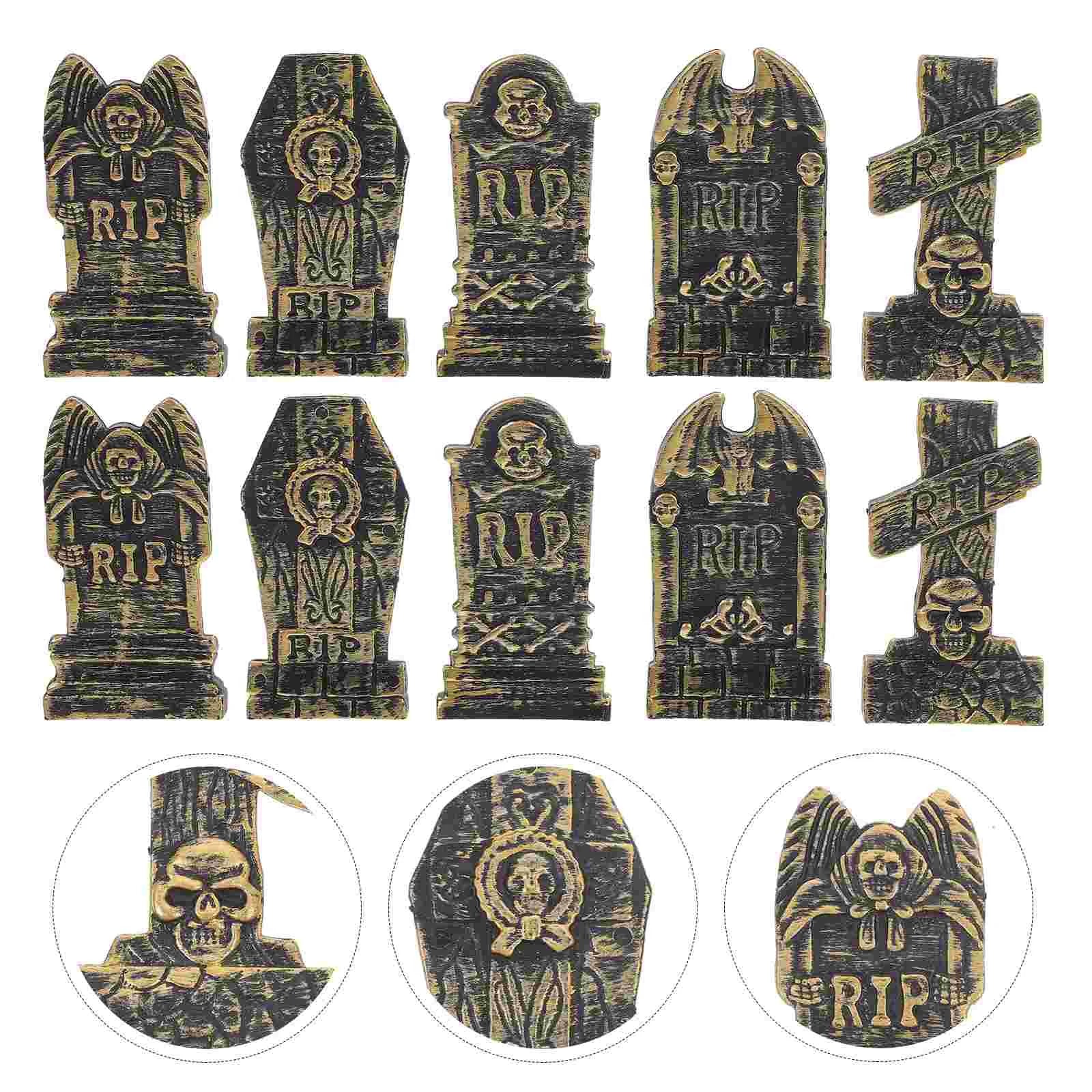 10 Pcs Halloween Decorations Skull Tombstone Craft Fake Ornaments Decorative Small Gravestone Plastic Headstone Shape Adornment - Charlie Dolly