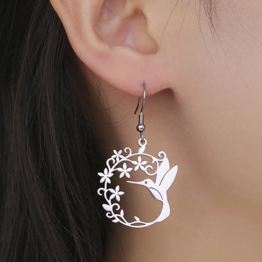 Hummingbird Filigree Flower Dangle Earrings Jewelry
