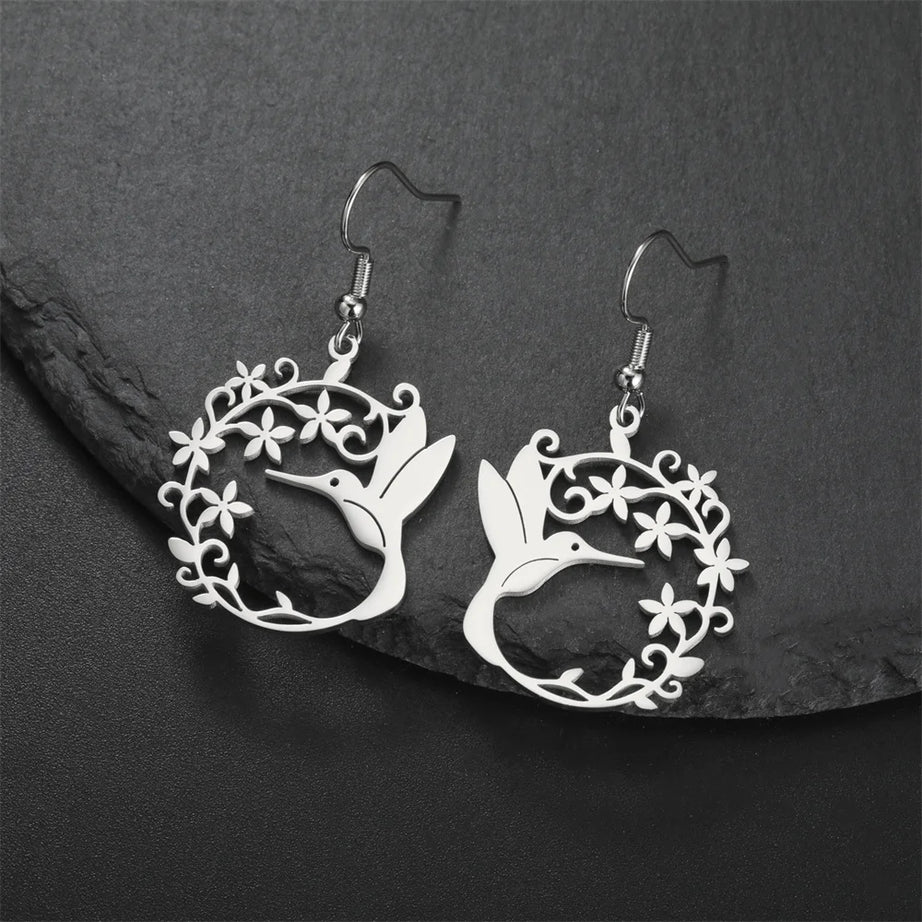 Hummingbird Filigree Flower Dangle Earrings Jewelry
