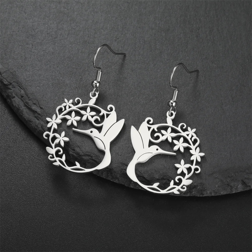 My Shape Hummingbird Earrings for Women Stainless Steel Flowers Birds Dangle Earrings Filigree Boho Fashion Jewelry  Gifts