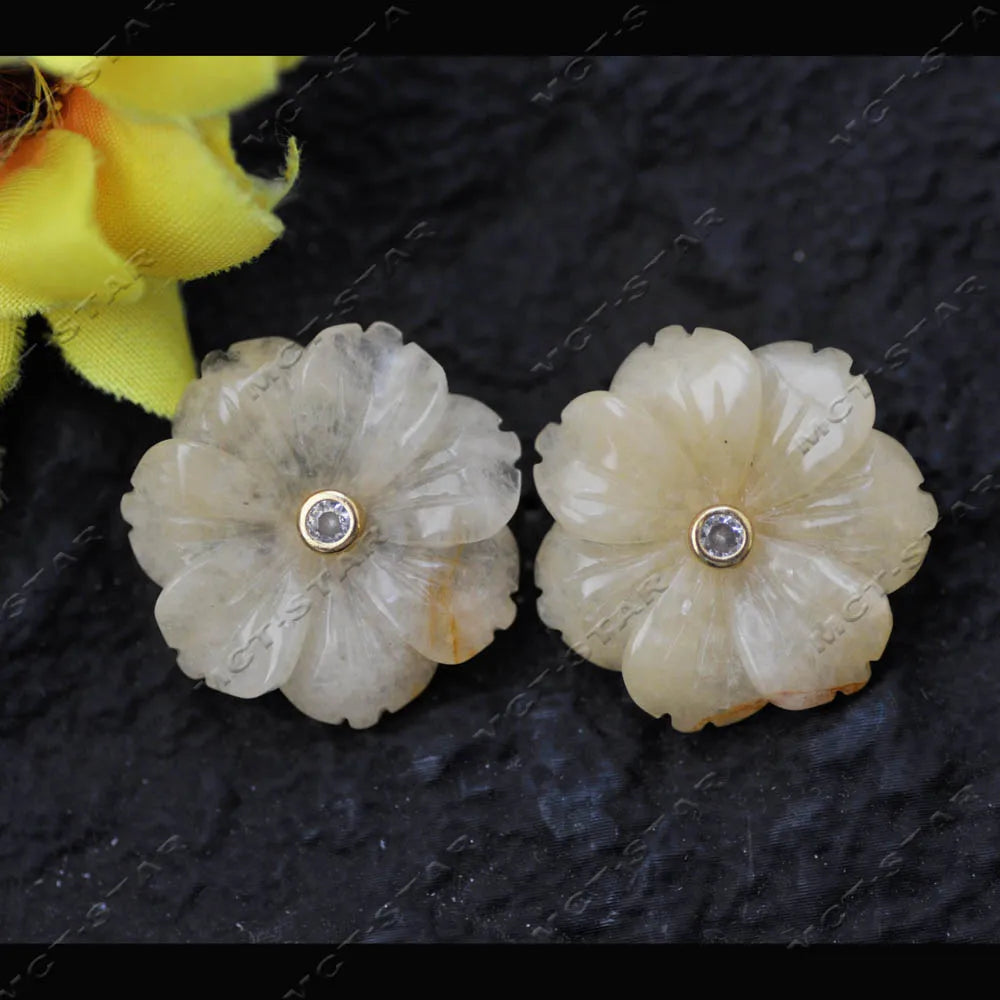 Z14219 Natural 25mm Blue Lapis lazuli Green Yellow Jade Jasper Pink Crystal Flower CZ Stud Earring